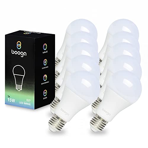 Booga LED E27 Glühbirne Leuchtmittel - 15 Watt - kaltweißes Licht - 6500K - Milchglas - Energiesparlampe - LED-Birne - 220-240V AC, 10er Set von Booga