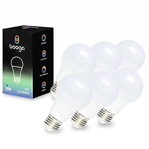 Booga LED E27 Glühbirne Leuchtmittel - 9 Watt - kaltweiß Licht - 6500K - Milchglas - Energiesparlampe - LED-Birne - 220-240V AC, 6er Set von Booga