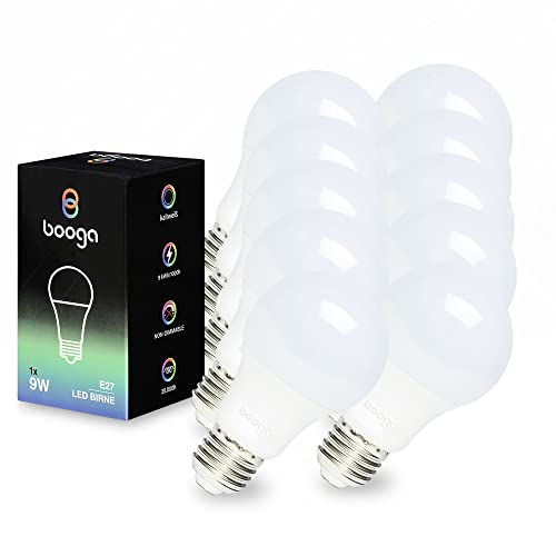 Booga LED E27 Glühbirne Leuchtmittel - 9 Watt - kaltweißes Licht - 6500K - Milchglas - Energiesparlampe - LED-Birne - 220-240V AC, 10er Set von Booga
