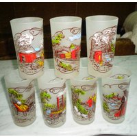 Currier & Ives 5 1/4 Inch Tall Frosted Trinkglas Tumblers 7Er Set von BooksShop