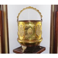 Kupfer Kessel Großer Seltener Primitiver Antiker Messing Bronze Gefäß Topf Mit Griff & Angewandter Deco von BooksShop