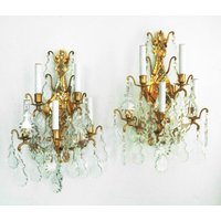 Mid Century Messing Wandleuchten 5 Licht/Arm W Je 72 Prisma Kristalle, 2Er Set Made in Italy von BooksShop