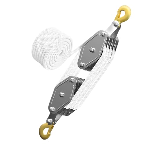 Boolico Schwerlast Flaschenzug 4-fach mit Seilbremse, 1000 kg max., 20 m PP-Seil, Handseilzug 8:1 bis 2,5 m Hubhöhe von Boolico