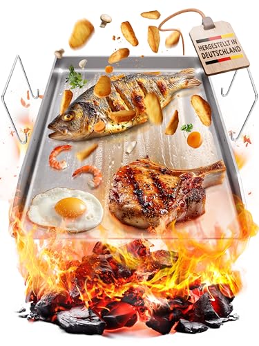 Plancha Grillplatte aus 4mm Edelstahl mit Tragebügeln - 40 x 30 cm Grillplatte Gasgrill in Universalgröße - Qualität made in Germany - rostfrei spülmaschinengeeignet antihaft von BoomDing