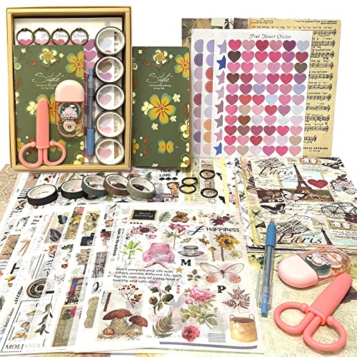 1826PCS Vintage Scrapbook Zubehör Set Ästhetische Bullet Journal Zubehör mit A6 Notizbuch Scrapbooking Sticker Aufkleber Retro Papier Deko Washi Sticker Washi Tape DIY Geschenk für Fotoalbum Tagebuch von BoomTeck