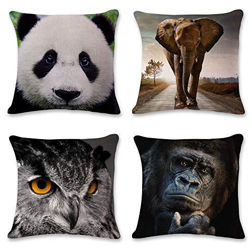 Dekorative Kissenhülle Kissenbezüge 45 x 45 cm, 4er Set Weich Baumwolle Leinen Dekokissen Fall Sofa Auto Home Bed Decor Haus Büro Quadratische Kissenbezüg Nette Tier Panda Elefanten Eule Muster von BoomTeck