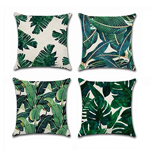 BoomTeck 4 Stück Kissenbezüge Dekorative 45 X 45 cm Leinen Kissenbezug Home Sofa Dekokissen Quadratische Kissenbezüge Set Tropische Palme grüne Blätter Muster von BoomTeck