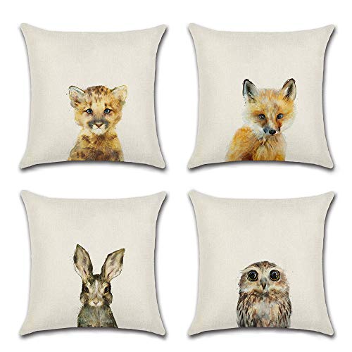 Dekorativ Kissenhülle Tiere Kissenbezug 45 x 45 cm, 4er Set Leinen Baumwolle Dekokissen Fall Sofa Schlafzimmer Auto Bed Haus Büro Home Decor Quadrat Kissenbezüge Süße Tiere Hase Eule Leopard Fuchs von BoomTeck