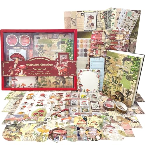 Vintage Scrapbook Zubehör Set, 223Pcs Ästhetisches Junk Journal Kit mit A6 Raster Notizbuch Natur Pilz Journaling Sticker Scrapbook Papier Aufkleber Deko DIY Geschenk für Teenager Mädchen Damen (Rot) Vintage Scrapbook Zubehör Set, 223Pcs Ästhetisches Junk Journal Kit mit A6 Raster Notizbuch Natur Pilz Journaling Sticker Scrapbook Papier Aufkleber Deko DIY Geschenk für Teenager Mädchen Damen (Rot) von BoomTeck