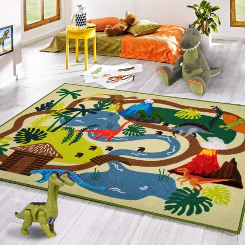 Booooom Jackson Teppich Kinder Spielmatte Dinosaurier 80 x 150cm Krabbeldecke Kinderzimmer Teppich Dino Spielteppich Waschbar Dino Motivteppich Kurzflor Farbecht von Booooom Jackson