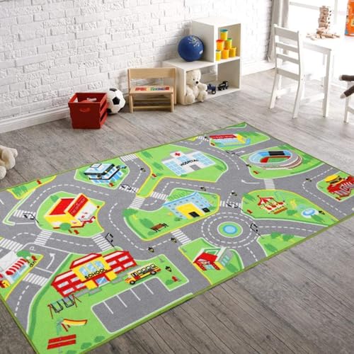 Booooom Jackson Kinder Spielteppich Straße 80x150 cm mit Rutschfester Rückseite,Farbenfroher Kinder Teppich für Schlafzimmer und Spielzimmer,Teppich Zum Thema Transport Spielteppich von Booooom Jackson