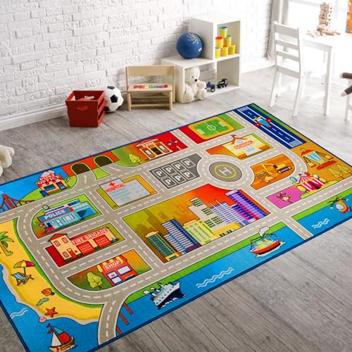 Booooom Jackson Teppich Kinderzimmer 100x200cm Kinderteppich Waschbar Spielmatte Kinder Teppiche Autoteppich Spielteppich Straße rutschfeste Rückseite von Booooom Jackson