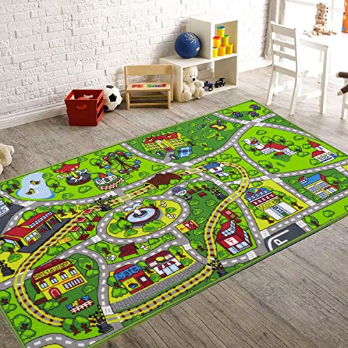 Booooom Jackson Kinder Spielteppich Straße 80x150 cm Bahngleisteppich zum Fahren von Spielzeugautos auf Kindern Lernteppich zum Thema Straßenverkehr rutschfeste Unterseite Kindergarten von Booooom Jackson