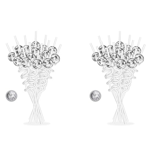 Booso 32 Stück Discokugel-Strohhalme, Disco-Dekorationen, Strohhalme mit Mini-Silber-Disco-, 70er-Jahre-Disco-Partyzubehör von Booso