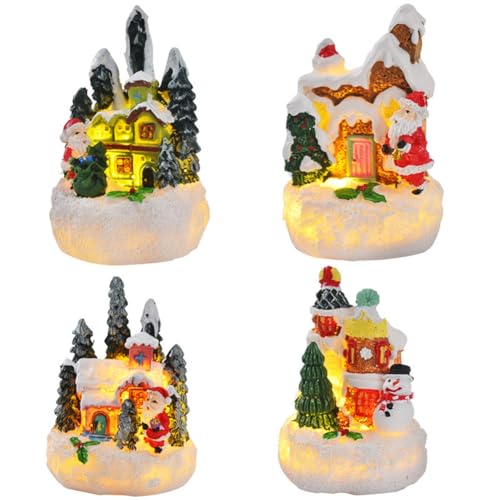Booso 4 Stück Weihnachts-Lebkuchenhaus-Ornamente, Weihnachtshäuser, Beleuchtete Weihnachtsdorfhäuser, Figuren von Booso
