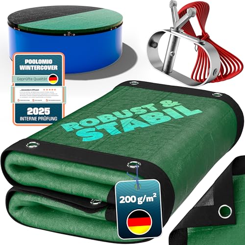 poolomio® Poolabdeckung rund für Pools Ø 460–490 cm | 2in1 Solarplane & Winterabdeckung | Robuste 200g/m² PE Poolplane Abdeckplane | UV-beständig, Algen- & Schmutzschutz, inkl. Stahlseil & Ratsche von poolomio