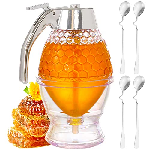 Bootoow Transparent Acryl Glas-Honigspender Shake Handshandle Honig-Dosierer Syrup Spender für Honig Sirup 1 pcs Honigspender mit Untersatz Speicher Ständer 4 pcs Edelstahl Honiglöffel von Bootoow