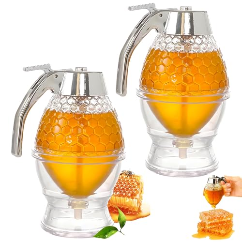 Bootoow Transparent Acryl-Honigspender, 2 pcs Honigspender mit Untersatz Speicher Ständer Shake Handshandle Honig-Dosierer Syrup Spender für Honig Sirup Transparent Acryl-Honigspender von Bootoow