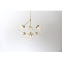 Sputnik Kronleuchter, Messing Pendelleuchte, 6 Klare Glas Kugeln, Arm Mid Century Modern Küche Esszimmer Kronleuchter von BootsNGus