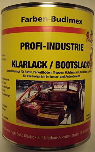 Farben-Budimex Profi-Industrie Klarlack/Bootslack/farblos/seidenglänzend / 750 ml/Spezial Klarlack für Boote, Parkettböden, Treppen, Holzterassen, Möbel u.v.m. / Alkydharzlack (Lösemittelbasis) von Bootslack / Klarlack