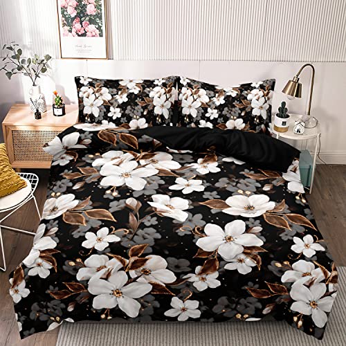 Boqingzhu 3D Bettwäsche 220x240cm 3Teilig Blumen Schwarz Weiß Gold Vintage Blumenmuster Wende Bettwäsche Set Bettbezug 220x240cm und 2 Kissenbezüge 80x80cm mit Reißverschluss von Boqingzhu