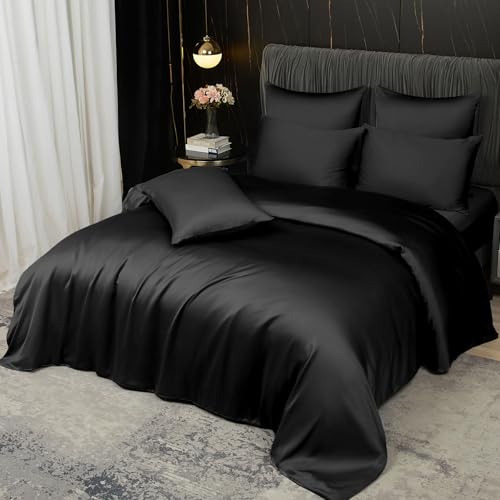 Boqingzhu Kühlende Bettwäsche Bambus 200×200 cm Schwarz Sommer Doppelbett Luxus Lyocell Seide Bettwäsche Set Bettbezug mit Reißverschluss und 2 Kissenbezüge 80x80cm von Boqingzhu