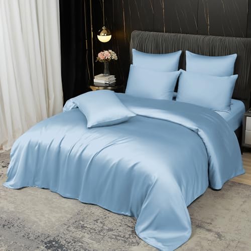 Boqingzhu Bambus Bettwäsche 200×220 cm Blau Himmelblau Sommer Kühlend Doppelbett Luxus Lyocell Seide Bettwäsche Set Bettbezug mit Reißverschluss und 2 Kissenbezüge 80x80cm von Boqingzhu