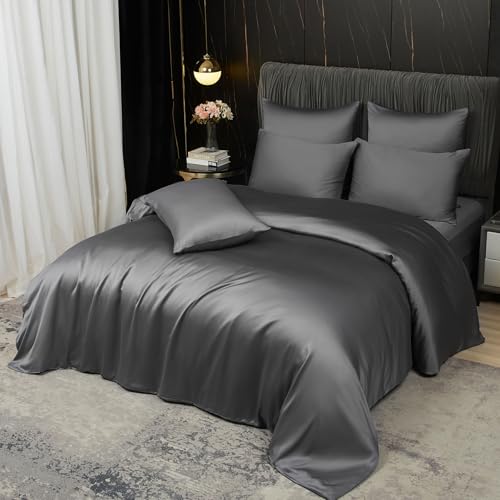 Boqingzhu Bambus Bettwäsche 220×240 cm Anthrazit Grau Sommer Kühlend Doppelbett Luxus Lyocell Seide Bettwäsche Set Bettbezug mit Reißverschluss und 2 Kissenbezüge 80x80cm von Boqingzhu