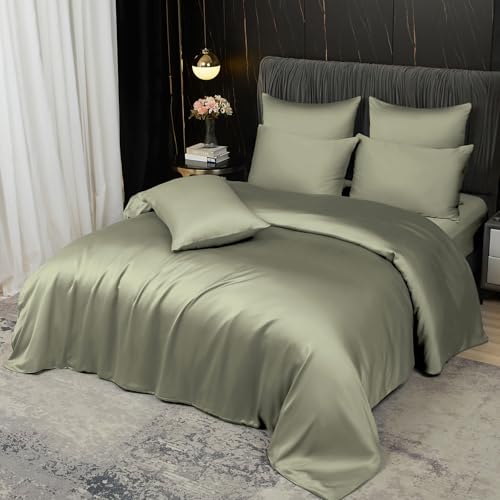 Boqingzhu Bambus Bettwäsche 220×240 cm Grün Salbeigrün Sommer Kühlend Doppelbett Luxus Lyocell Seide Bettwäsche Set Bettbezug mit Reißverschluss und 2 Kissenbezüge 80x80cm von Boqingzhu