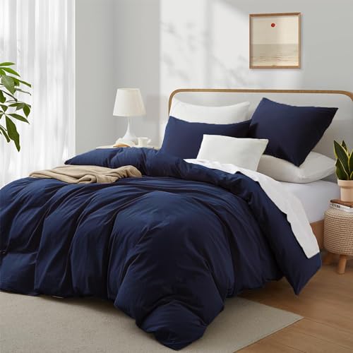 Boqingzhu Baumwolle Bettwäsche 200x200cm Blau Dunkelblau Einfarbig Uni Doppelbett Weich Renforce Baumwollbettwäsche Bettbezug 200x200cm und 2 Kissenbezüge 80x80cm mit Reißverschluss von Boqingzhu
