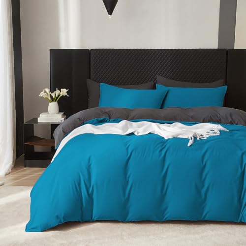Boqingzhu Baumwolle Bettwäsche 200x220cm Türkis Petrol Blau Grau Doppelbett Weich Renforce Wende Baumwollbettwäsche Bettbezug 200x220cm und 2 Kissenbezüge 80x80cm mit Reißverschluss von Boqingzhu