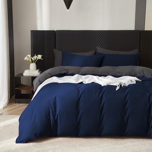 Boqingzhu Baumwolle Bettwäsche 220x240cm Blau Dunkelblau Grau Doppelbett Weich Renforce Wende Baumwollbettwäsche Bettbezug 220x240cm und 2 Kissenbezüge 80x80cm mit Reißverschluss von Boqingzhu