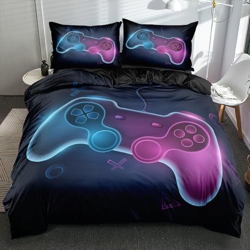 Boqingzhu Bettwäsche 135x200cm Gamer Gamepad Spiele Jungen Schwarz Blau Lila Wende Bettwäsche Set 3D Druck Microfaser Bettbezug und Kissenbezug 80x80cm mit Reißverschluss von Boqingzhu