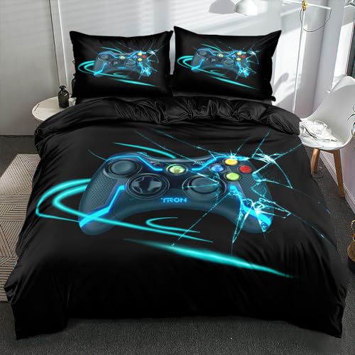 Boqingzhu Bettwäsche 135x200cm Gamer Gamepad Spiele Jungen Schwarz Blau Wende Bettwäsche Set 3D Druck Microfaser Bettbezug und Kissenbezug 80x80cm mit Reißverschluss von Boqingzhu