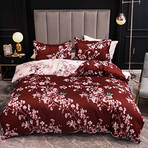 Boqingzhu Bettwäsche Blumen 200x220cm Rosa Planzenmuster Rot Weiß Wende Bettwäsche Set Microfaser 1 Bettbezug und 2 Kissenbezüge 80x80cm mit Reißverschluss von Boqingzhu