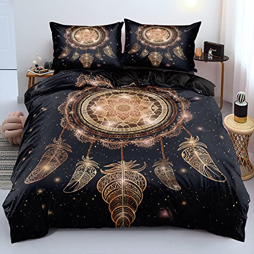 Boqingzhu Bettwäsche Boho 135x200cm Schwarz Gold Traumfänger Federn Wende 3D Bettwäsche Set Microfaser Bettbezug und Kissenbezug 80×80cm mit Reißverschluss von Boqingzhu