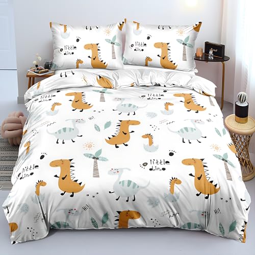 Boqingzhu Bettwäsche Dinosaurier 135x200cm Grün Gelb Dino Bettwäsche Set Weich Kinder Jungen Microfaser 3D Bettbezug Einzelbett mit Kissenbezug 80x80cm mit Reißverschluss von Boqingzhu