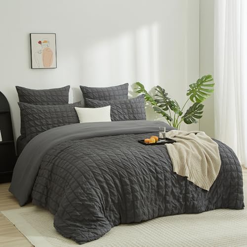 Boqingzhu Seersucker Bettwäsche Set Grau Anthrazit 155×220cm Atmungsaktiv Kühlend für Sommer Bettbezug & Kissenbezüge mit Reißverschluss von Boqingzhu