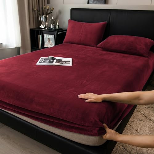 Boqingzhu Flauschige Plüsch Spannbettlaken 100x200cm Rot Weinrot Fleece Flanell Cashmere Touch Spannbetttuch Winter Kuschelig Bettlaken für 25 bis 30cm Matraze von Boqingzhu