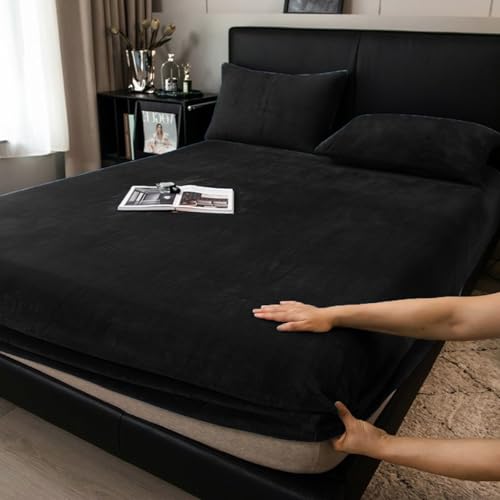 Boqingzhu Flauschige Plüsch Spannbettlaken 160x200cm Schwarz Fleece Flanell Cashmere Touch Spannbetttuch Winter Kuschelig Bettlaken für 25 bis 30cm Matraze von Boqingzhu
