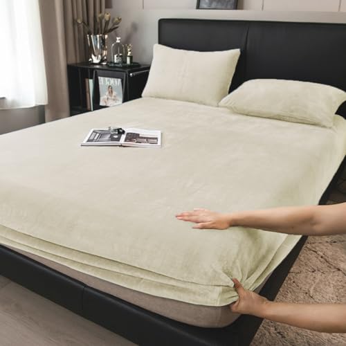 Boqingzhu Flauschige Plüsch Spannbettlaken 200x200cm Beige Weiß Fleece Flanell Cashmere Touch Spannbetttuch Winter Kuschelig Bettlaken für 25 bis 30cm Matraze von Boqingzhu