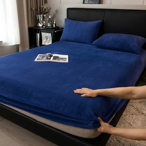 Boqingzhu Flauschige Plüsch Spannbettlaken 200x200cm Blau Dunkelblau Fleece Flanell Cashmere Touch Spannbetttuch Winter Kuschelig Bettlaken für 25 bis 30cm Matraze von Boqingzhu
