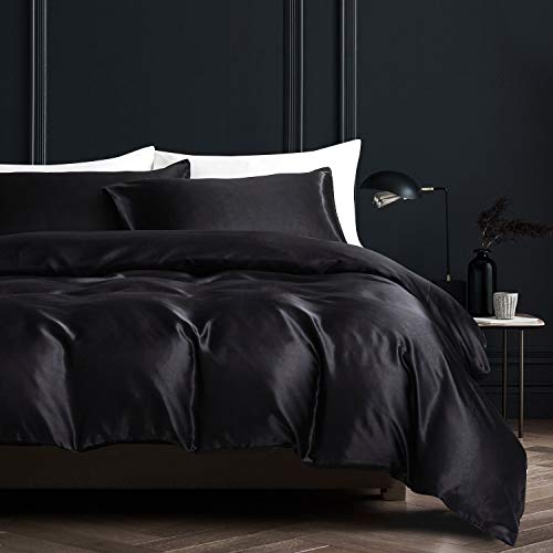 Boqingzhu Glanz Satin Bettwäsche Schwarz 200x200cm Uni Glatt Seide Bettwäsche Set Bettbezug mit Reißverschluss und 2 Kissenbezüge 80x80cm von Boqingzhu