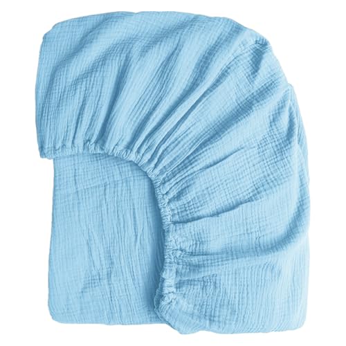 Boqingzhu Muslin Baumwolle Spannbettlaken 140x200cm Blau Hellblau Himmelblau Atmungsaktiv Kühlend Sommer Weich Hautfreundlich Spannbetttuch Bettlaken für Matraze bis 30cm Boxspringbett Topper von Boqingzhu