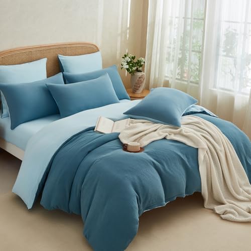 Boqingzhu Muslin Bettwäsche 200×200 cm Baumwolle Blau Dunkelblau Hellblau Sommerbettwäsche Leicht Kühlend Atmungsaktiv Wende Bettbezug Doppelbett und Kissenbezug mit Reißverschluss von Boqingzhu