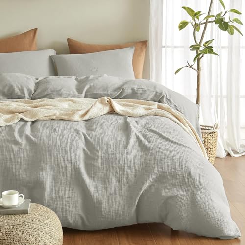 Boqingzhu Muslin Bettwäsche 135x200 cm Baumwolle Grau Hellgrau Sommerbettwäsche Weich Kühlend Atmungsaktiv Sommer Bettbezug Einzelbett und Kissenbezug mit Reißverschluss von Boqingzhu