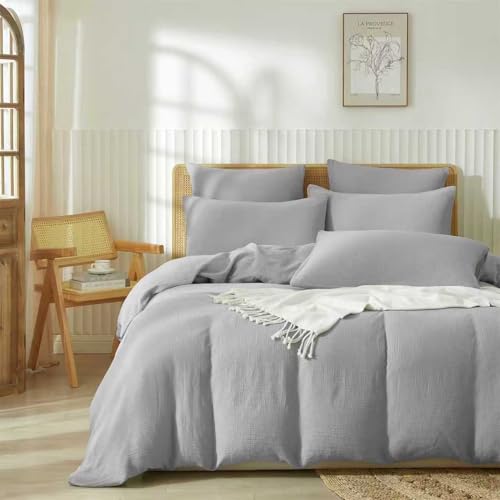 Boqingzhu Muslin Bettwäsche 155×220 cm Baumwolle Grau Hellgrau Sommerbettwäsche Weich Kühlend Atmungsaktiv Sommer Bettbezug Doppelbett und Kissenbezug mit Reißverschluss von Boqingzhu