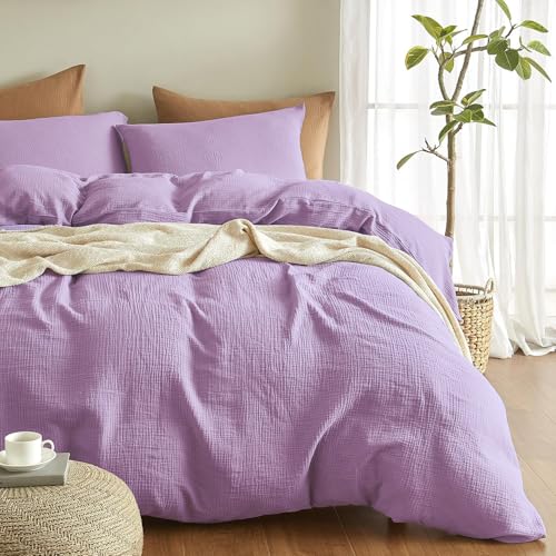 Boqingzhu Muslin Bettwäsche 155×220 cm Baumwolle Lila Violett Sommerbettwäsche Weich Kühlend Atmungsaktiv Sommer Bettbezug Doppelbett und Kissenbezug mit Reißverschluss von Boqingzhu
