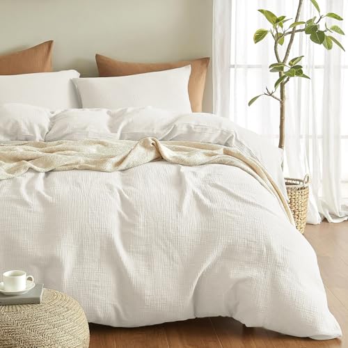 Boqingzhu Muslin Bettwäsche Weiß 155×220 cm Oeko-TEX zertifizierte Weiße Bettwäsche 155×220 Baumwolle Sommer Atmungsaktiv & Weich Bettbezug 155 x 220 + 2 Kissenbezüge 80x80 von Boqingzhu