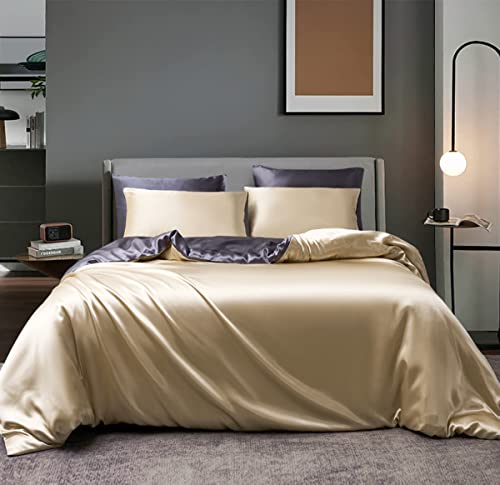 Boqingzhu Satin Bettwäsche 135x200cm 4Teilig Gold Beige Grau Anthrazit Seide Glanzsatin Bettwäsche Set Luxus Glatt Glänzend Wendebettwäsche Set Bettbezug und 2 Kissenbezüge 80x80cm von Boqingzhu